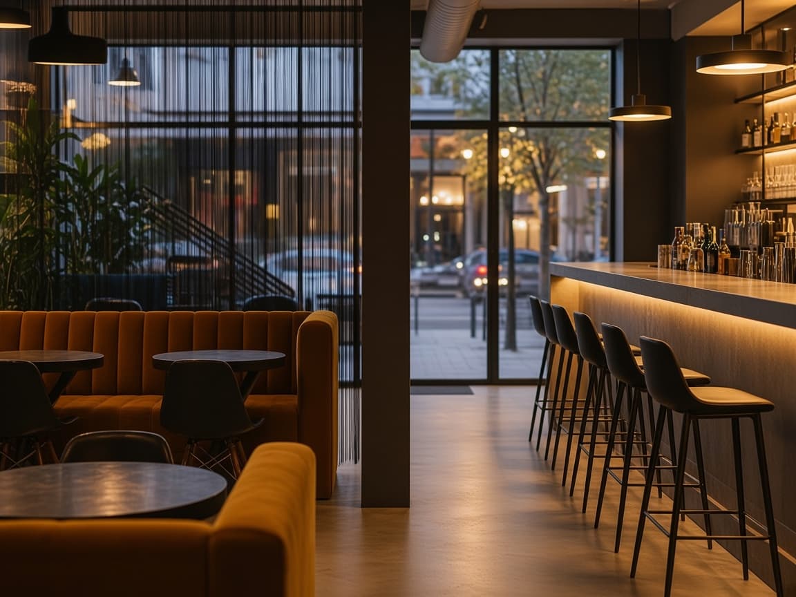 The lounge bar at dusk, with warm light along the counter