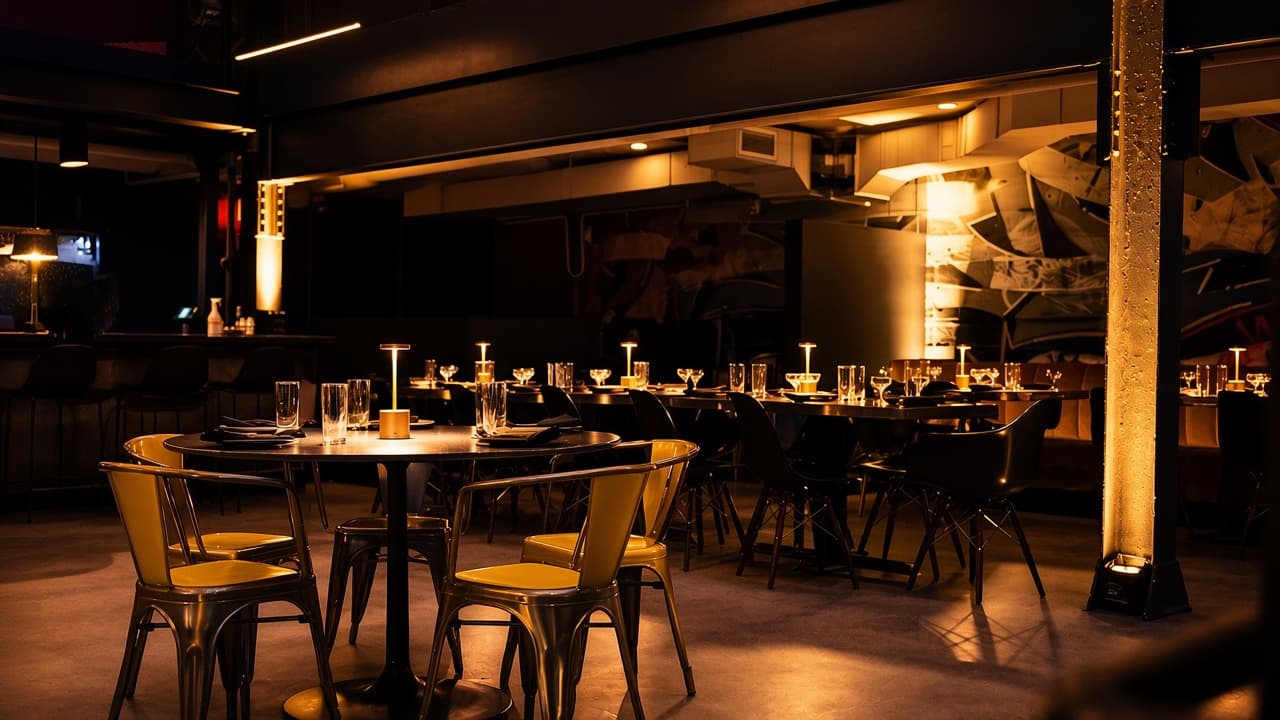 The nightclub floor, with round tables, metal chairs, and warm light